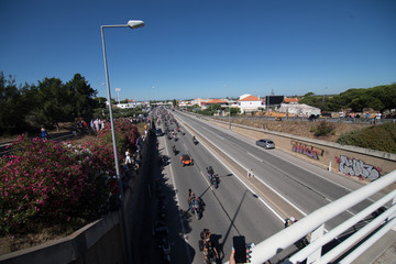 FARO, PORTUGAL - JULY 22, 2018: Motorcyclists in the 37th International Motorcycle Festival. Faro...