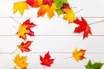 Autumn leaves on white wooden  background with Copyspace.  Flat lay, top view. Red, yellow and green marple leaves.
