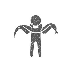 Man holding snake icon in grunge texture. Vintage style vector illustration.