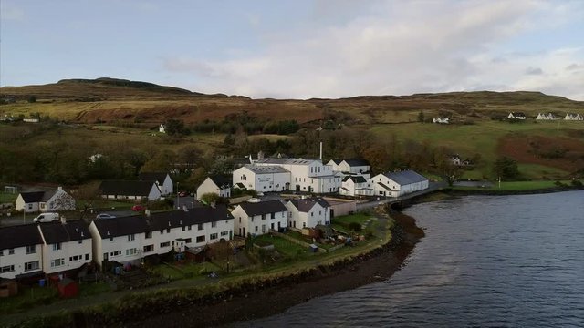 Aerial of the Village of Carbost in the Isle of Skye Scotland