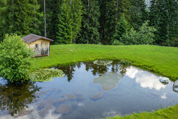 Fototapeta premium A wooden cabin near a small lake in Tschappina in the Swiss canton of Graubunden - 4