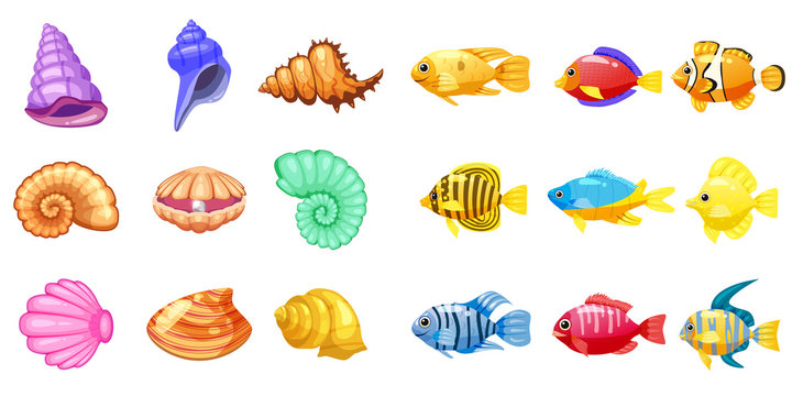 Cartoon Vector game icons with seashell, Colorful coral reef tropical fish, pearl, for underwater match three game, apps on white background. Isolated elements.