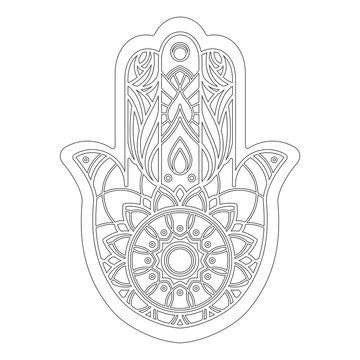 Outline of vector illustration of hamsa hand isolated on white background. Useful for coloring pages and books.