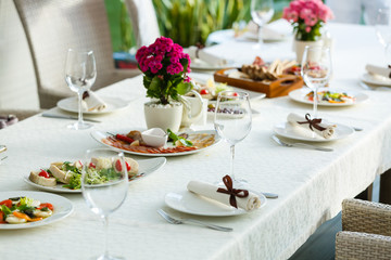 catering services background with snacks and glasses on bartender counter in restaurant