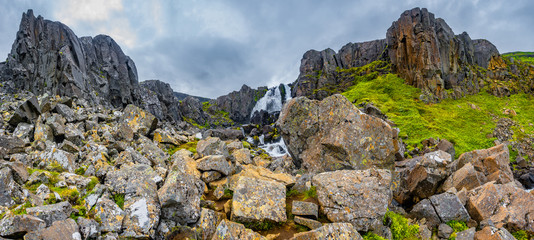 Panoramic view of beautiful fjord landscape near Seydisfjordur in Eastern Iceland, summer time