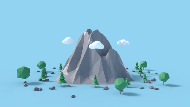 Low Poly Land Scene With Popup Trees And Rocks.