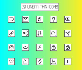 Vector illustration of web thin line icons, mail, location, geo, music, social networks, links and other