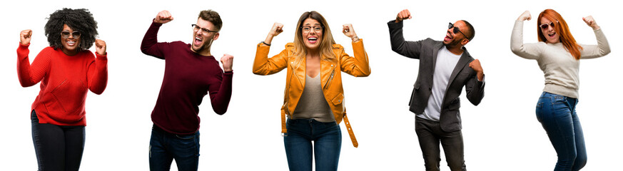 Group of cool people, woman and man happy and excited celebrating victory expressing big success,...