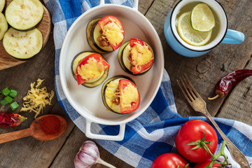 Gratin eggplant with minced meat, tomatoes and cheese.