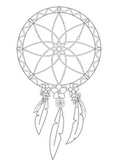 Outline vector illustration of boho dreamcatcher isolated on white background. Useful for coloring pages and books.