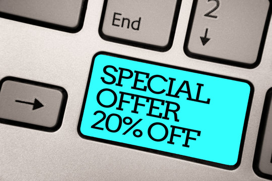 Text sign showing Special Offer 20 Off. Conceptual photo Discounts promotion Sales Retail Marketing Offer Silver grey computer keyboard with blue button black color written text.