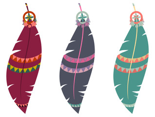 Set of three vector illustrations of colorful boho feathers