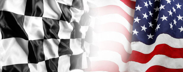 USA America flag and checkered racing flag