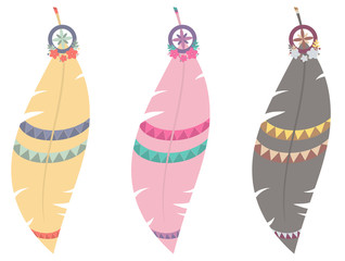 Set of three vector illustrations of colorful boho feathers
