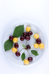 Red and yellow cherries on a white plate, fresh multicolored cherries with green leaves, yellow and red berries in the style of minimalism, vegetarian food