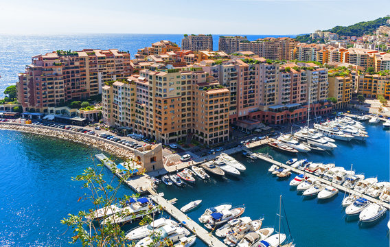 View of Marina with docked boats in Monaco city, Monaco