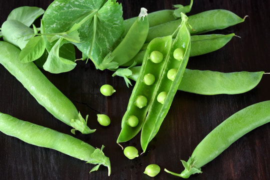 Green pea pods against the dark background