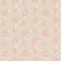Pattern of ashen pink roses with ribbons a light crescent and green leaves against a background of pastel colors vector seamless.