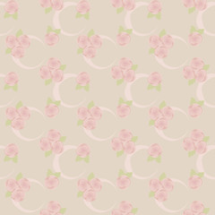Pattern of ashen pink roses with ribbons a light crescent and green leaves against a background of pastel colors vector seamless.