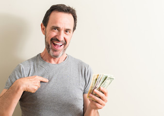 Senior man holding dollar money with surprise face pointing finger to himself