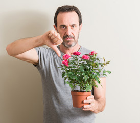 Senior man holding roses flowers on pot with angry face, negative sign showing dislike with thumbs down, rejection concept