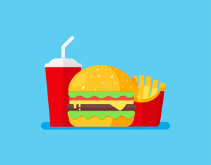 Burger Set Vector Illustration. Cheeseburger, french fries and soda. Fast food menu