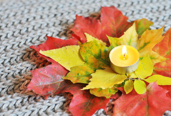 autumn leaves and candle on the knitted background
