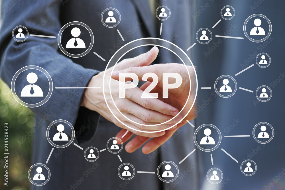 Fototapete business button p2p peer-to-peer on background business partnership handshake concept. two coworkers