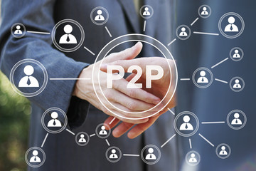 Business button p2p Peer-to-peer on background business partnership handshake concept. Two coworkers handshaking process of interaction. - 214508423