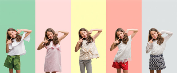 Collage of brunette hispanic girl wearing different outfits smiling confident showing and pointing...