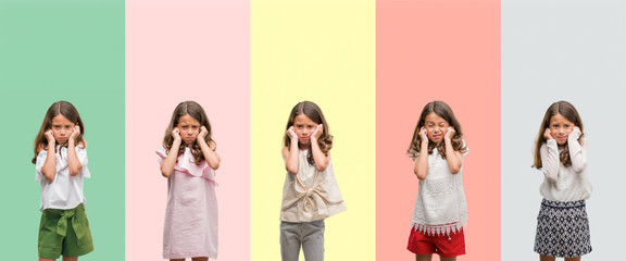 Collage of brunette hispanic girl wearing different outfits covering ears with fingers with annoyed expression for the noise of loud music. Deaf concept. © Krakenimages.com