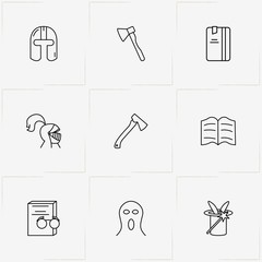 Cinema Genres line icon set with ghost , hatchet and rabbit in hat