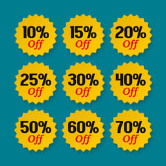 Sale tags 10, 15, 20, 25, 30, 40, 50, 60, 70 percent. Collection of discount badges, stamps, stickers, labels. Product promotion. Vector.
