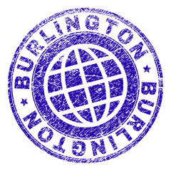 BURLINGTON stamp print with grunge effect. Blue vector rubber seal print of BURLINGTON tag with dust texture. Seal has words arranged by circle and globe symbol.