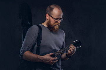 Redhead bearded male musician wearing glasses dressed in a gray t-shirt playing on a ukulele. Isolated on a dark textured background.