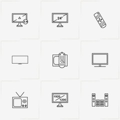 Tv line icon set with television, television remote  and home cinema loudspeakers