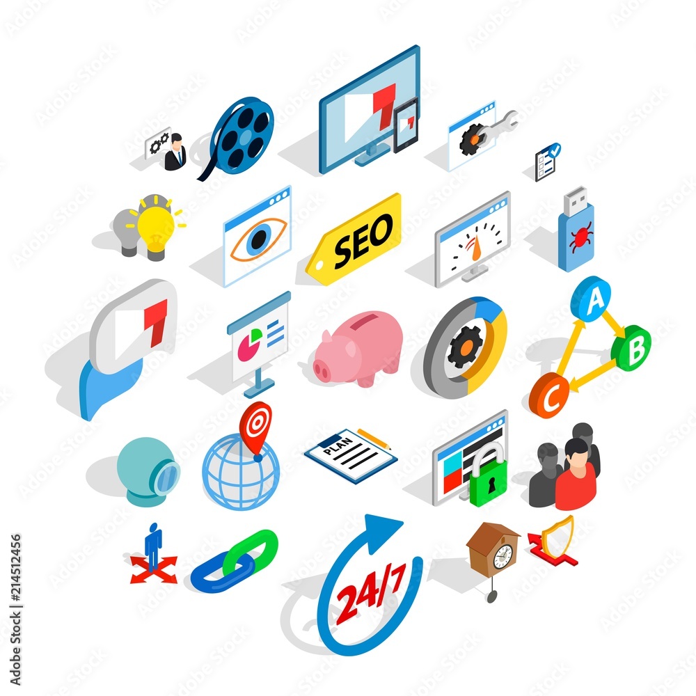 Poster work on the project icons set. isometric set of 25 work on the project vector icons for web isolated