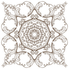 Luxury circular oriental ornament for anti stress coloring. Line drawing with hands.