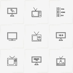 Tv line icon set with television and television ports