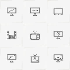 Tv line icon set with home cinema loudspeakers  and television