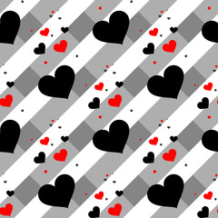 Red and Black Heart seamless pattern. Colorful hearts. Packaging design for gift wrap. Abstract geometric modern background. Vector illustration. Art deco style.