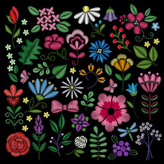 Embroidery elements. Flowers, leaves, dragonflies, butterflies embroidered on black background. Floral motifs for creating handmade design.Fashion design. Vector embroidered illustration - 214513263