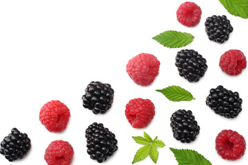 healthy background. raspberry with blackberry and green leaves isolated on white background. top view