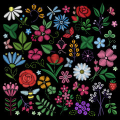 Embroidery elements. Flowers, leaves, dragonflies, butterflies embroidered on black background. Floral motifs for creating handmade design.Fashion design. Vector embroidered illustration