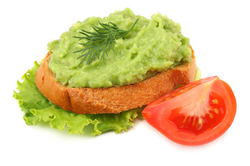 sandwich with avocado cream isolated on white background. Healthy food