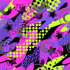 Abstract seamless pattern for girls, boys, clothes. Creative vector background with dots, geometric figures,stripes inscriptions.Funny wallpaper for textile and fabric. Fashion style. Colorful bright.