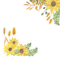 watercolor autumn bright pattern of colorful sunflowers, green leaves, yellow flowers, ferns and berries