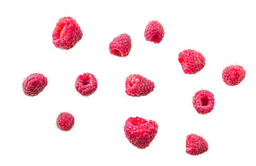 ripe red raspberries isolated on white background