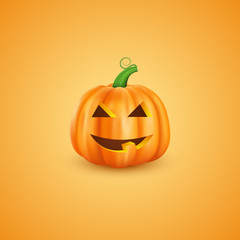 Halloween pumpkin in 3d realistic style. Happy smiling face, orange background. Vector illustration.