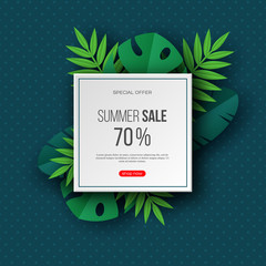 Summer sale banners with exotic jungle tropical palm leaves. Dark turquoise dotted background - template for seasonal discounts. Vector illustration. - obrazy, fototapety, plakaty